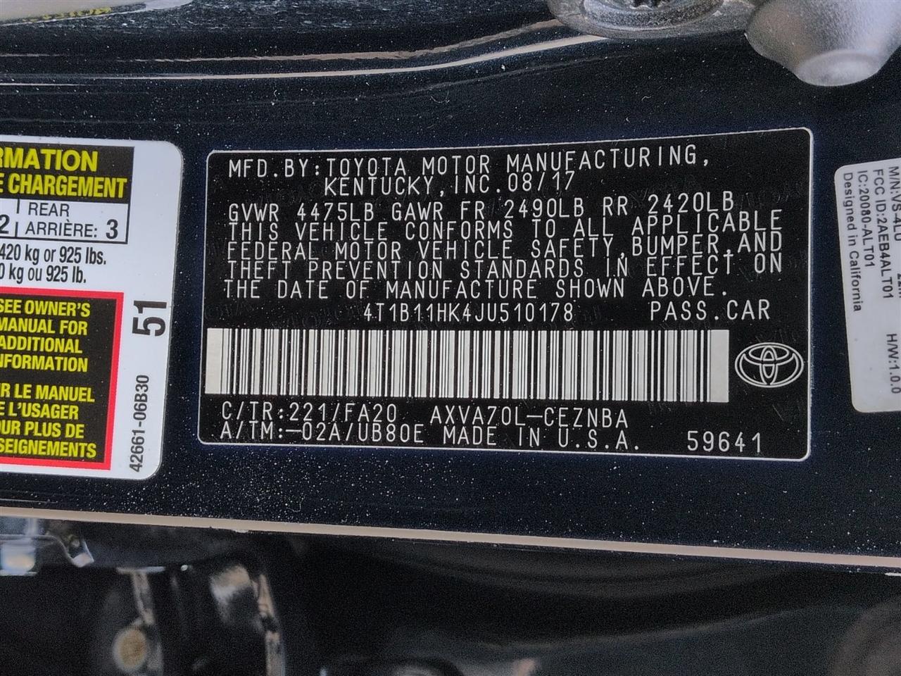 Toyota Camry 4dr Sdn LE Auto V6 2018