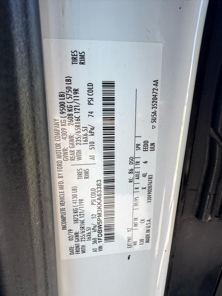 Ford Transit Cutaway T-350 SRW 138" WB 9500 GVWR 2019