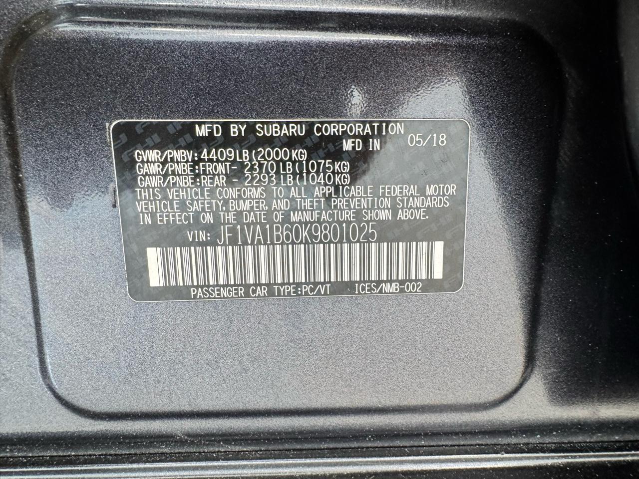 Subaru WRX Premium Manual 2019