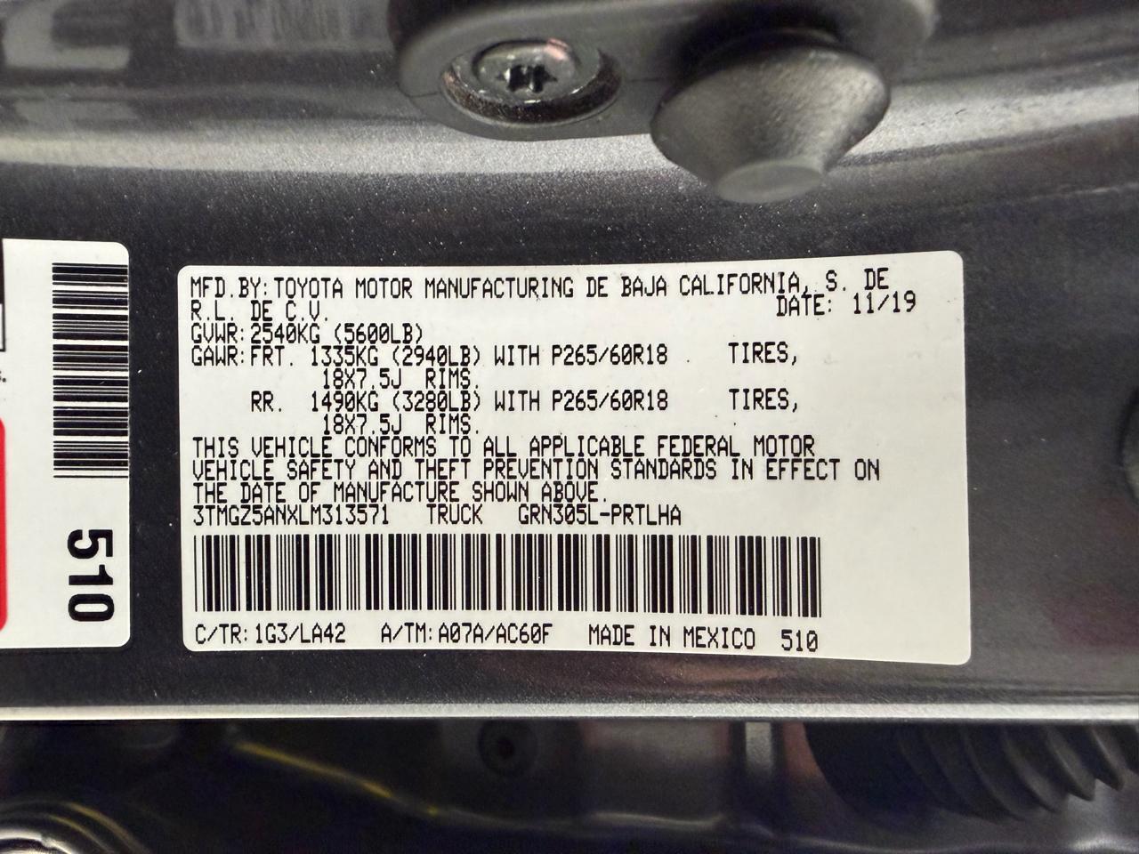 Toyota Tacoma 4WD Limited Double Cab 5' Bed V6 AT (Natl) 2020