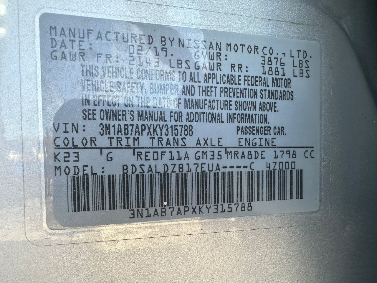 Nissan Sentra S CVT 2019