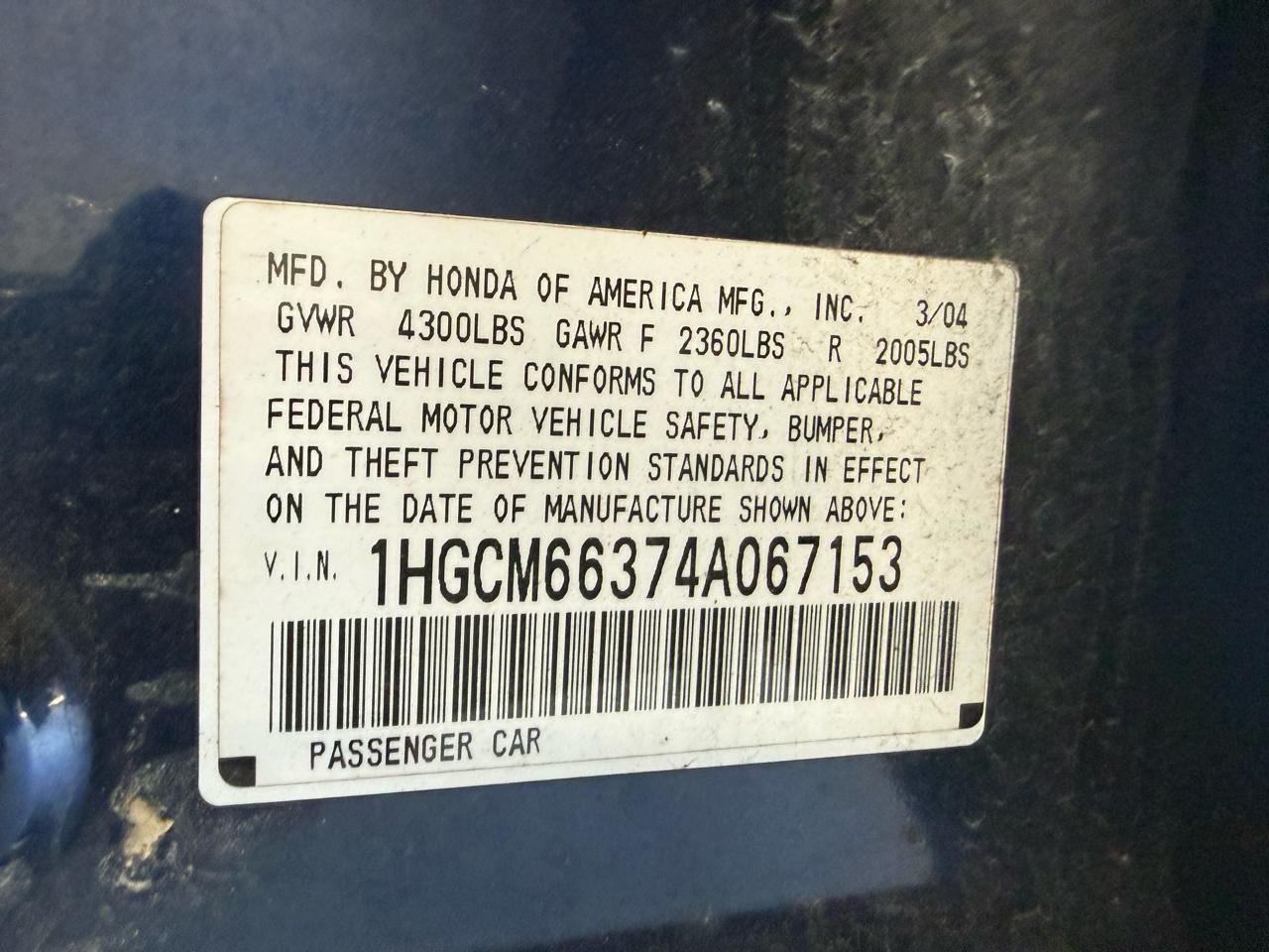 Honda Accord Sdn LX Auto V6 2004