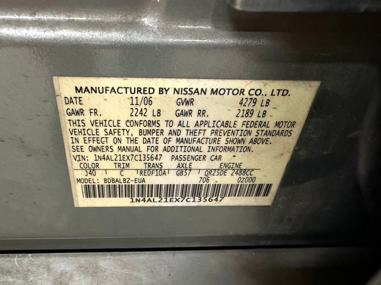 Nissan Altima 4dr Sdn I4 CVT 2.5 S 2007