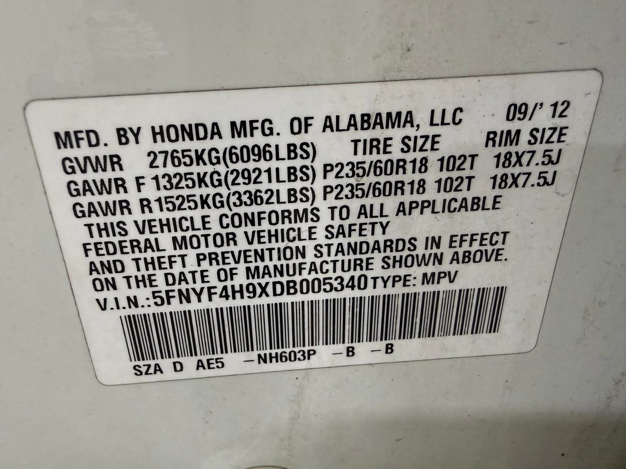 Honda Pilot 4WD 4dr Touring w/RES & Navi 2013