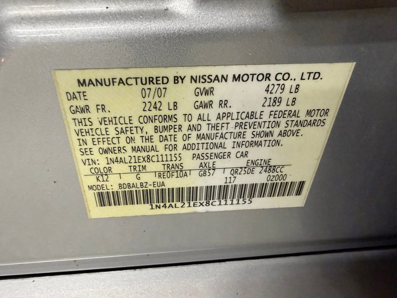 Nissan Altima 4dr Sdn I4 CVT 2.5 SL 2008