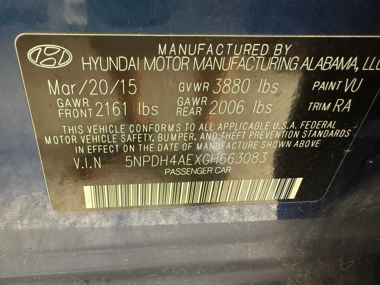 Hyundai Elantra 4dr Sdn Auto SE (Alabama Plant) 2016