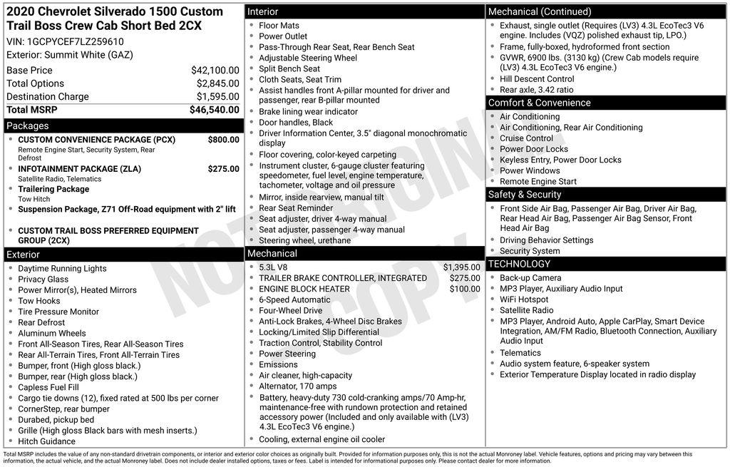 Chevrolet Silverado 1500 4WD Crew Cab 147" Custom Trail Boss 2020