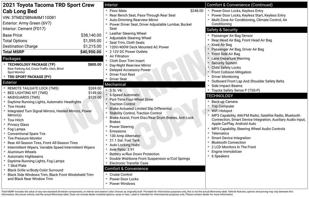 Toyota Tacoma 4WD TRD Off Road Double Cab 6' Bed V6 AT (Natl) 2021