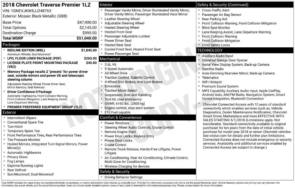 Chevrolet Traverse AWD 4dr Premier w/1LZ 2018