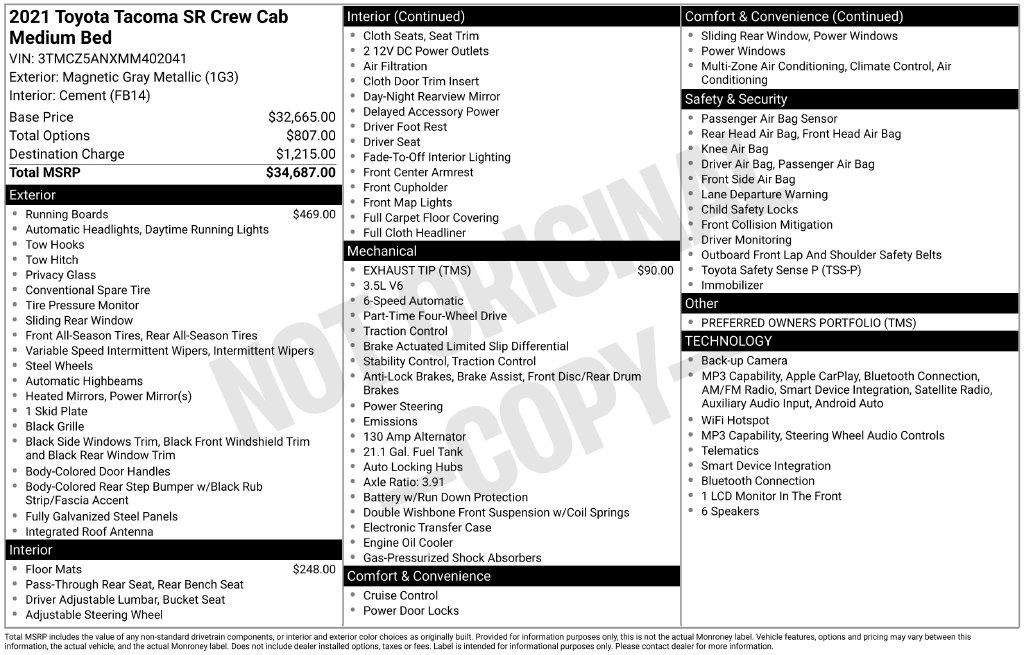 Toyota Tacoma 4WD TRD Off Road Double Cab 5' Bed V6 MT (Natl) 2021