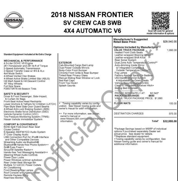 Nissan Frontier SV Crew Cab 4WD 2018