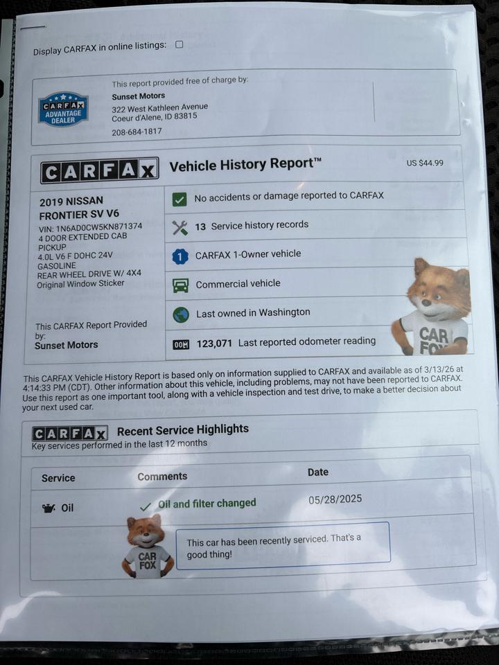 Nissan Frontier King Cab 4x4 SV Auto 2019