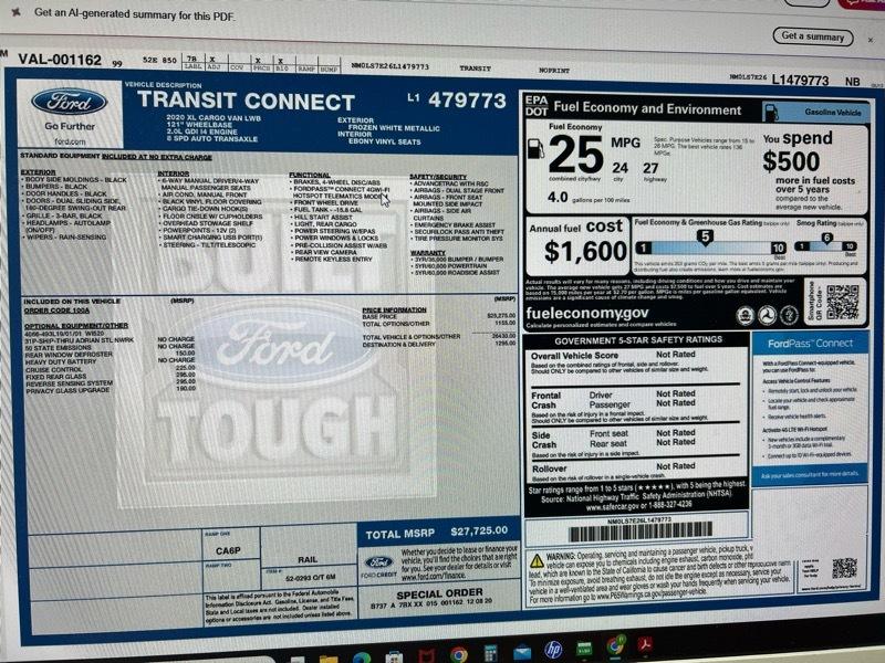 Ford Transit Connect Cargo Van XL LWB w/Rear 180 Degree Door 2020