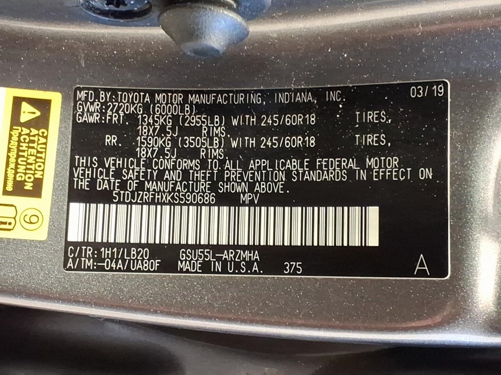 Toyota Highlander XLE AWD V6 2019