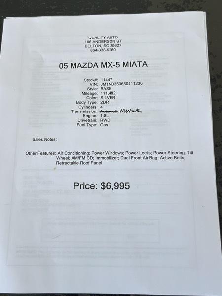 Mazda MX-5 Miata 2D Convertible 2005