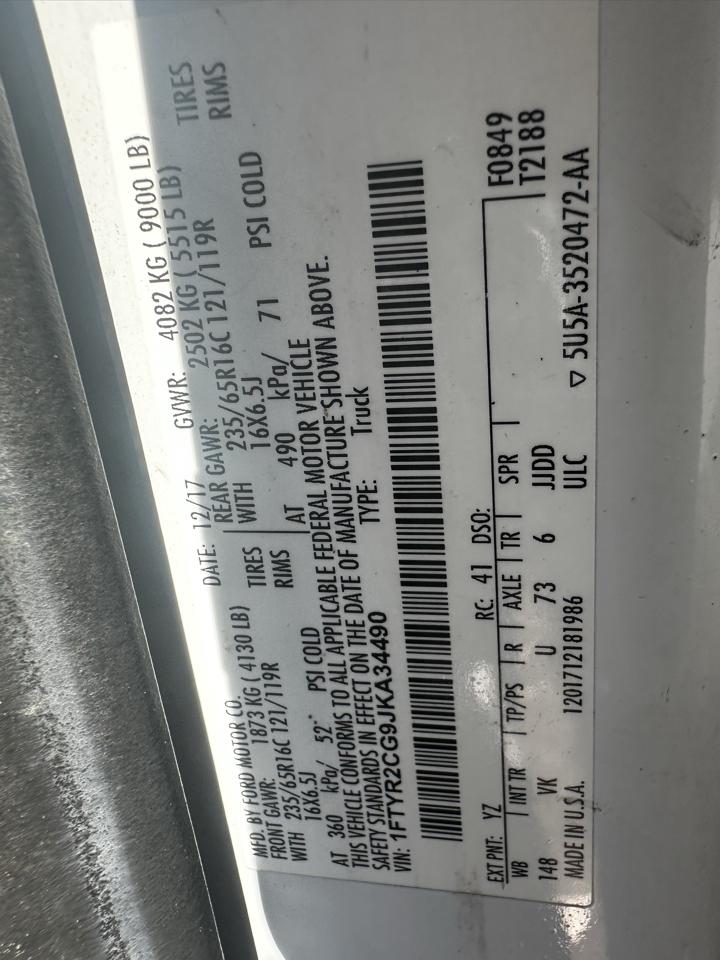 Ford Transit Van T-250 148" Med Rf 9000 GVWR Sliding RH Dr 2018