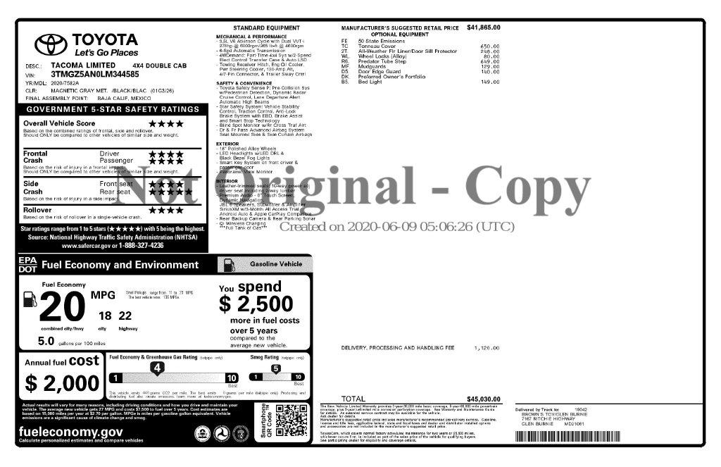 Toyota Tacoma 4WD Limited Double Cab 5' Bed V6 AT (Natl) 2020