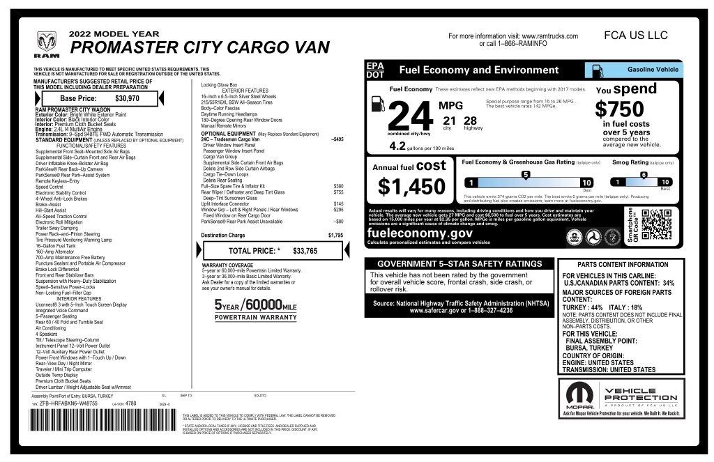 RAM ProMaster City Cargo Van Tradesman Van 2022