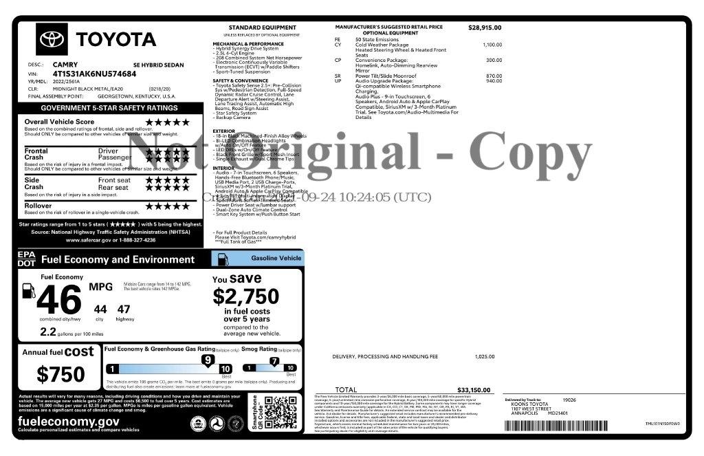 Toyota Camry Hybrid SE CVT (Natl) 2022