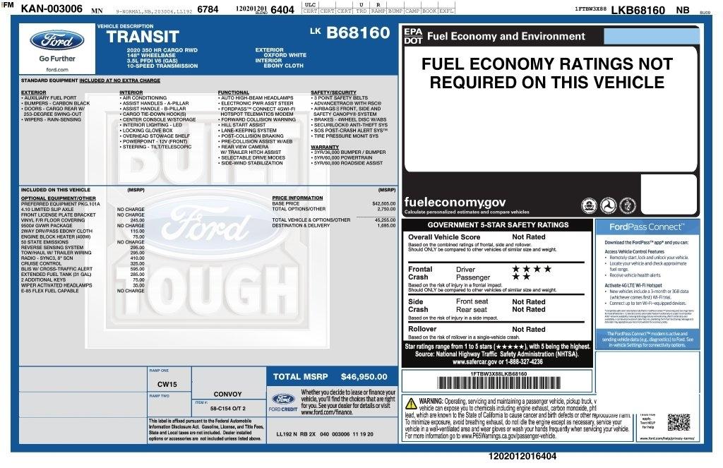 Ford Transit Cargo Van T-350 148" EL Hi Rf 9500 GVWR RWD 2020