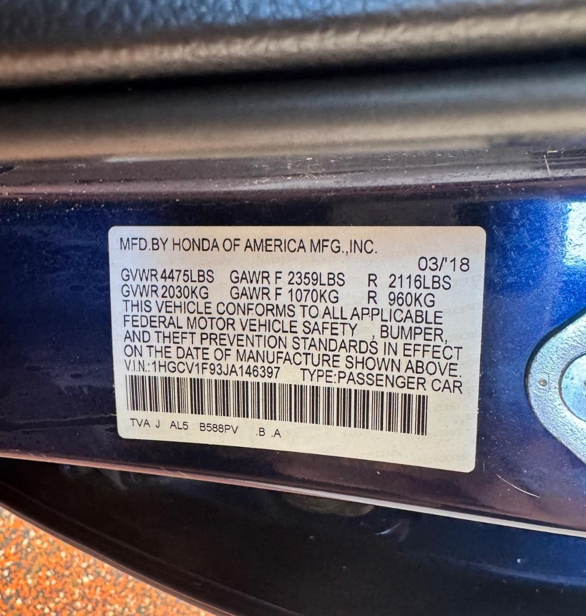 Honda Accord Sedan Touring 1.5T CVT 2018