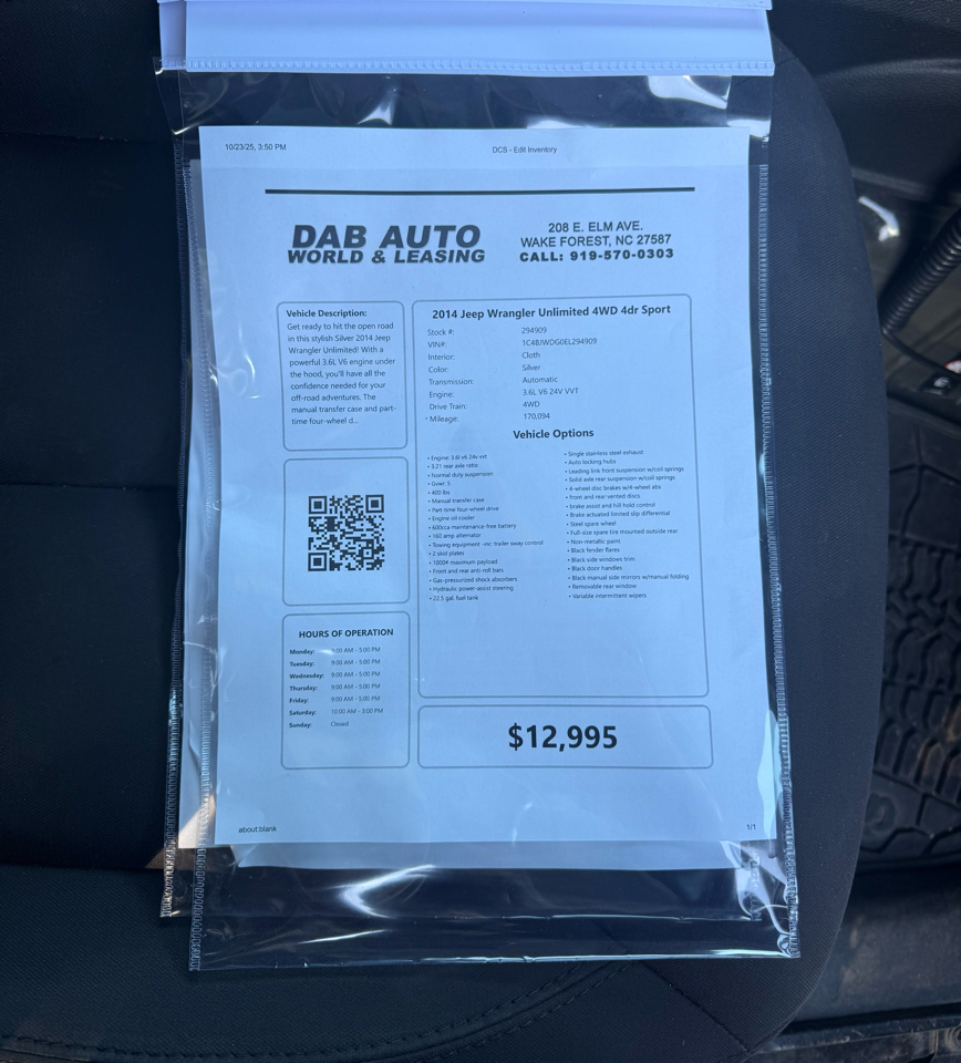 Jeep Wrangler Unlimited 4WD 4dr Sport 2014 Jeep Wrangler Unlimited 4WD 4dr Sport 2014