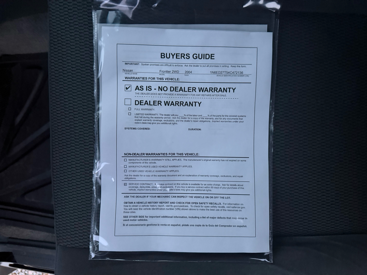 Nissan Frontier 2WD XE Crew Cab V6 Auto Std Bed 2004