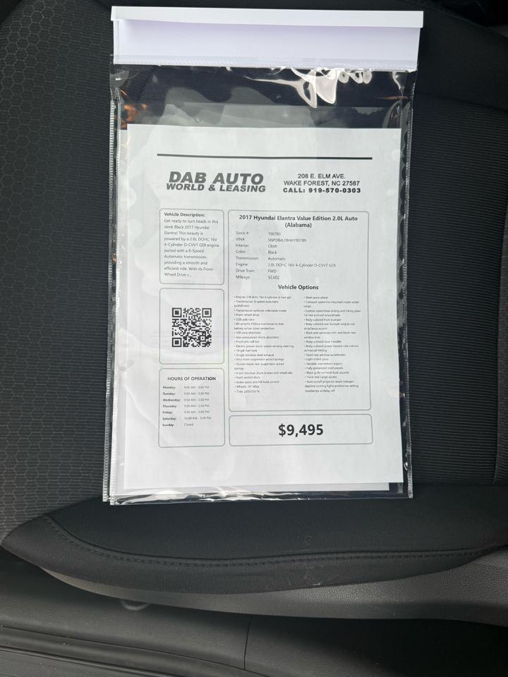 Hyundai Elantra Value Edition 2.0L Auto (Alabama) 2017