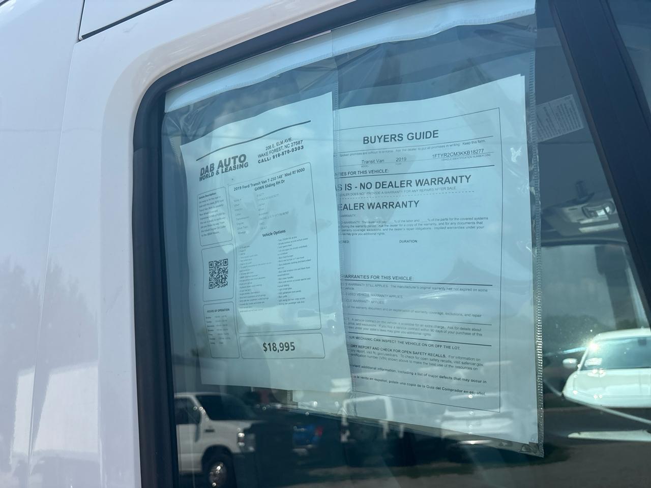 Ford Transit Van T-250 148" Med Rf 9000 GVWR Sliding RH Dr 2019
