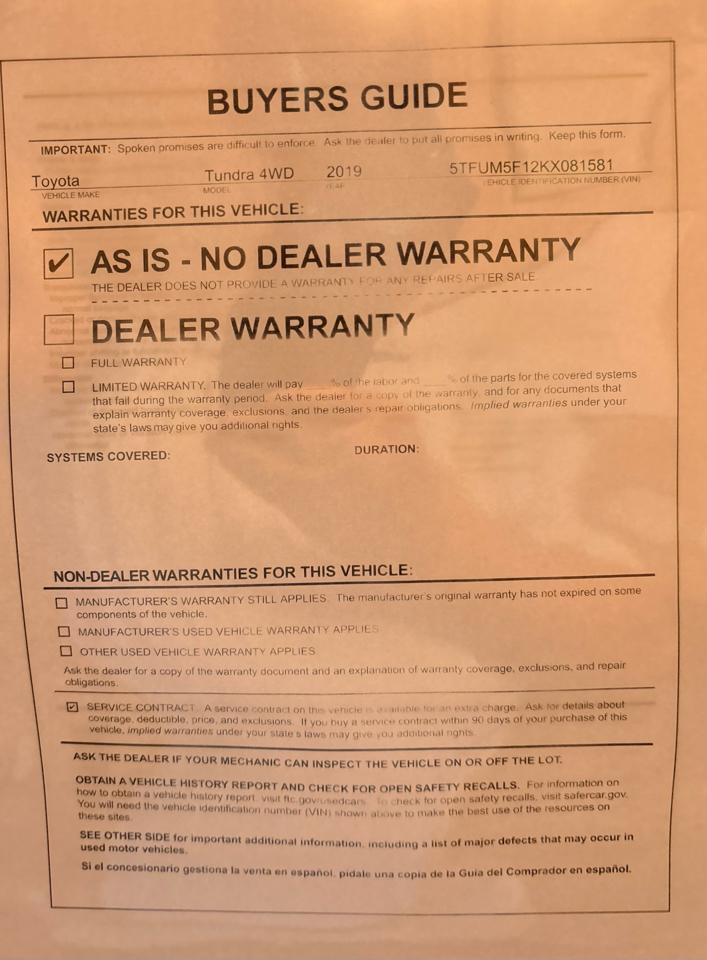 Toyota Tundra 4WD SR5 Double Cab 6.5' Bed 4.6L (Natl) 2019