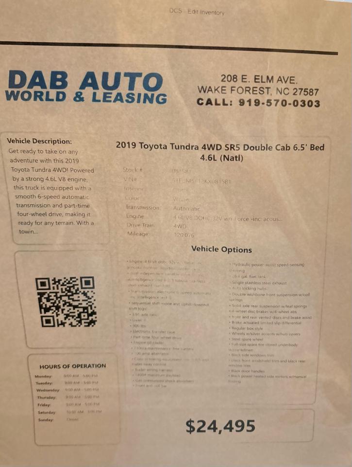 Toyota Tundra 4WD SR5 Double Cab 6.5' Bed 4.6L (Natl) 2019