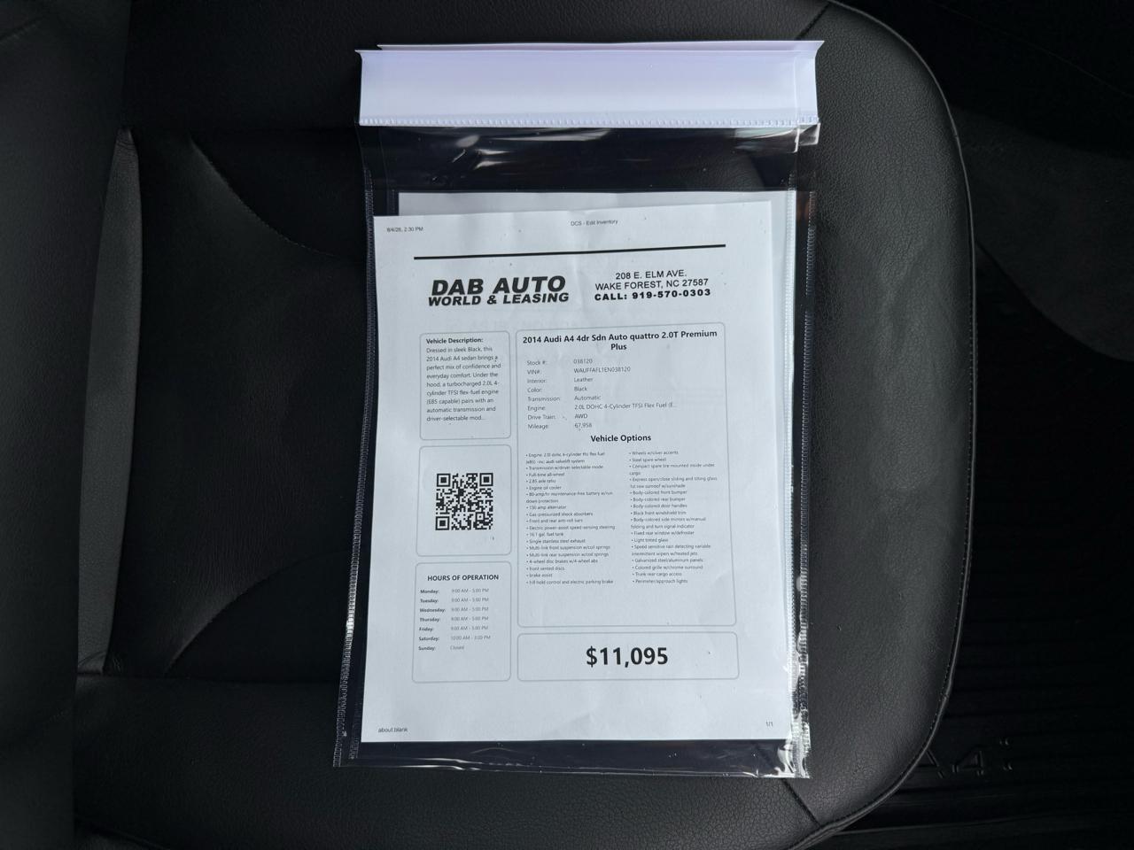 Audi A4 4dr Sdn Auto quattro 2.0T Premium Plus 2014