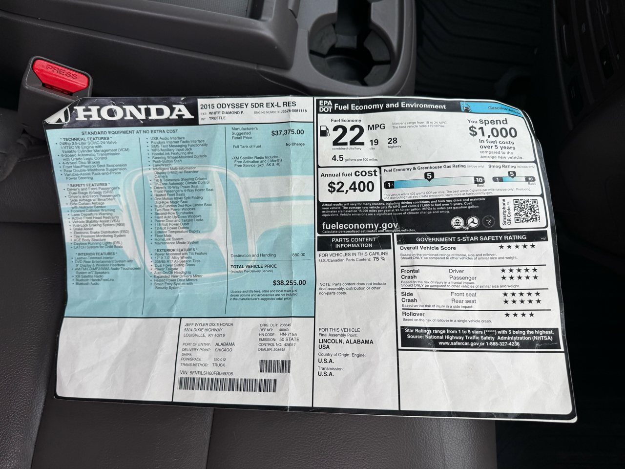 Honda Odyssey 5dr EX-L RES w/DVD/Leather 2015