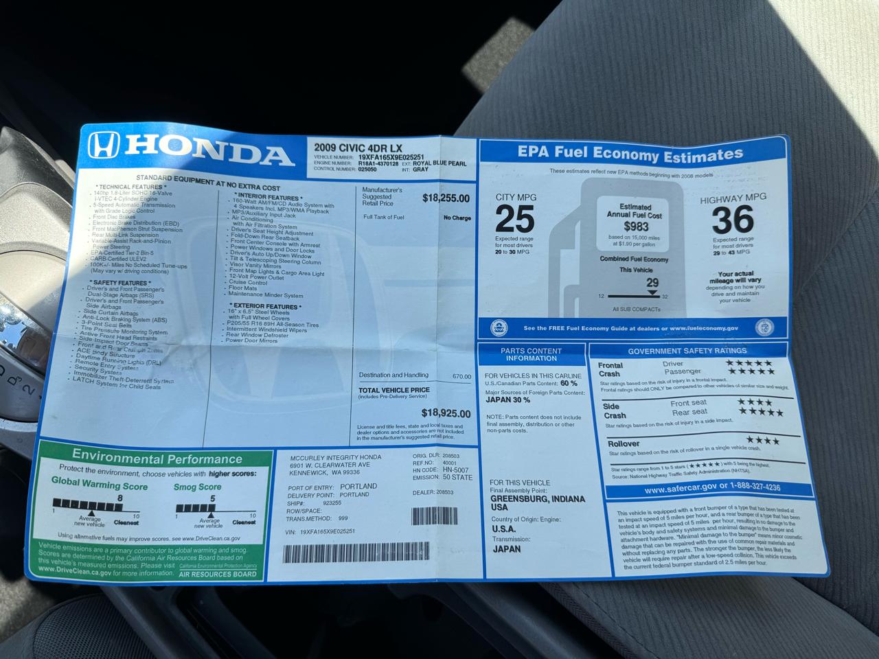 Honda Civic Sdn 4dr Auto LX 2009