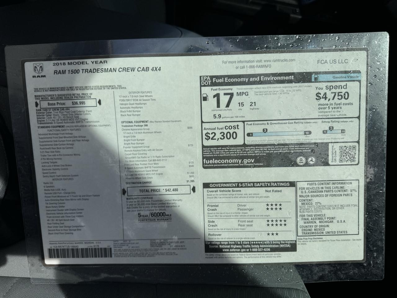RAM 1500 Tradesman 4x4 Crew Cab 5'7" Box 2018