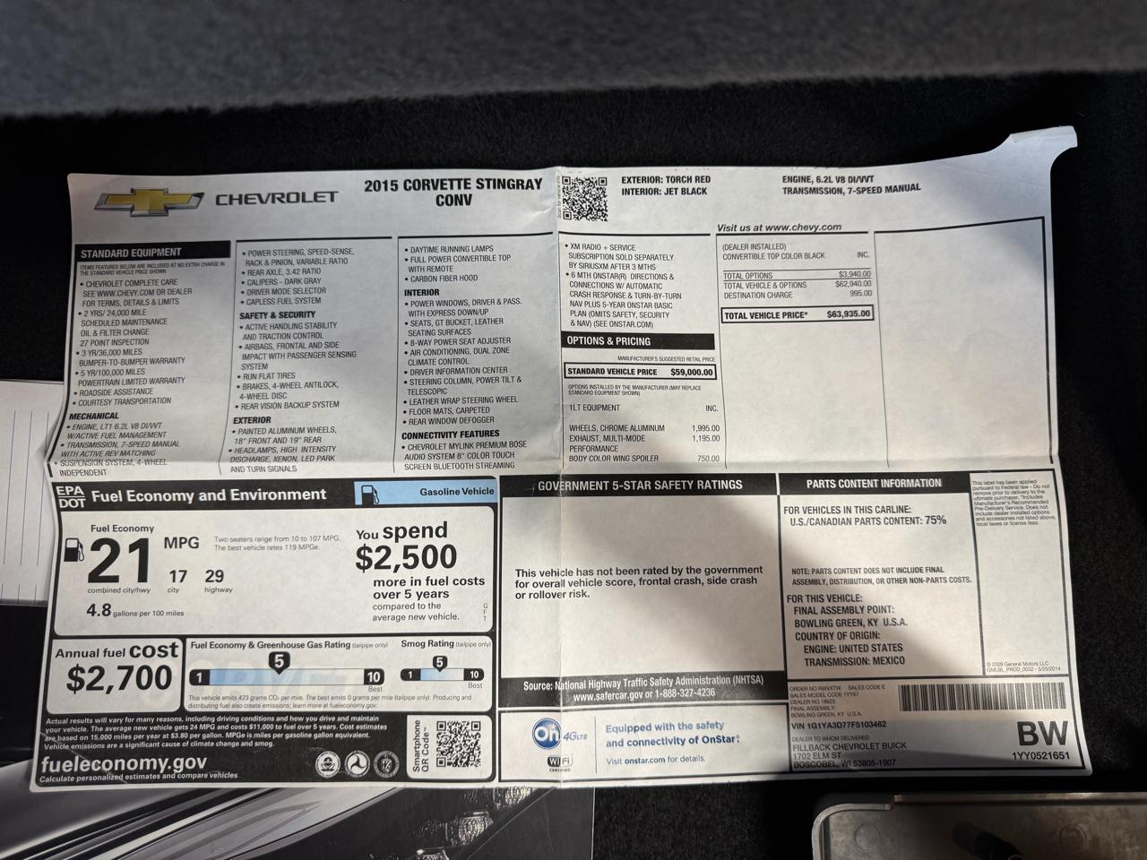 Chevrolet Corvette Stingray 1LT Convertible 2015
