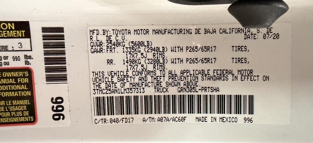 Toyota Tacoma SR5 Double Cab Long Bed V6 6AT 4WD 2020