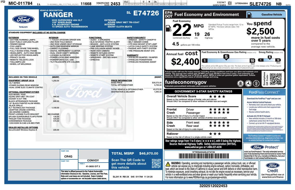 Ford Ranger XLT 4WD SuperCrew 5' Box 2025