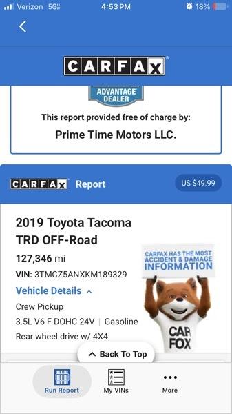 Toyota Tacoma 4WD Access Cab V6 AT TRD Off Road (Natl) 2019
