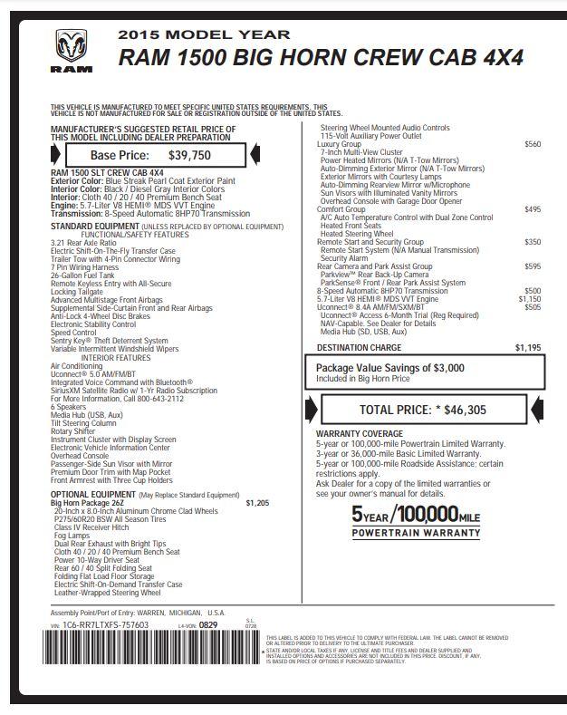 RAM 1500 SLT Crew Cab SWB 4WD 2015