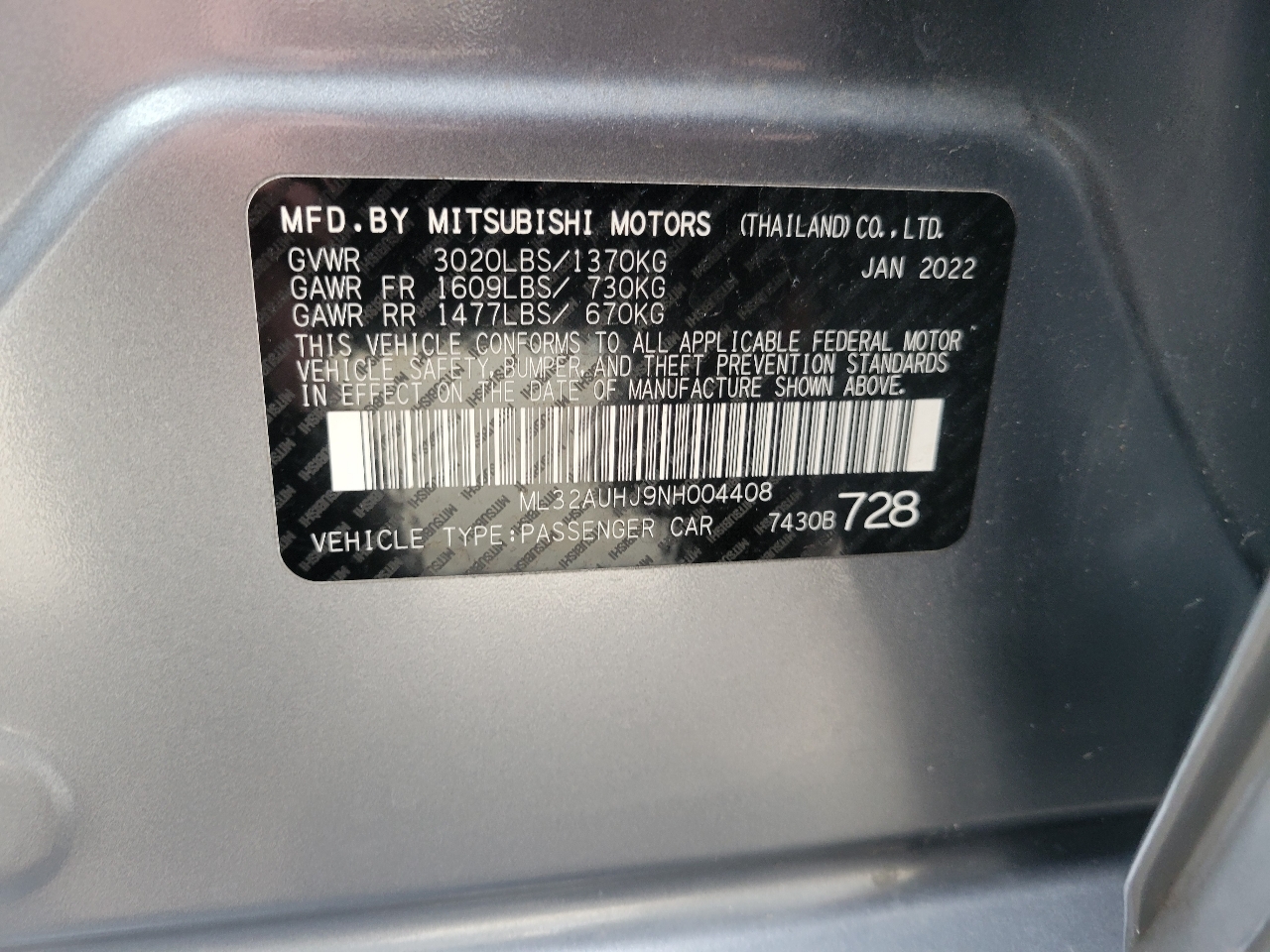 Mitsubishi Mirage ES 4D Hatchback 2022