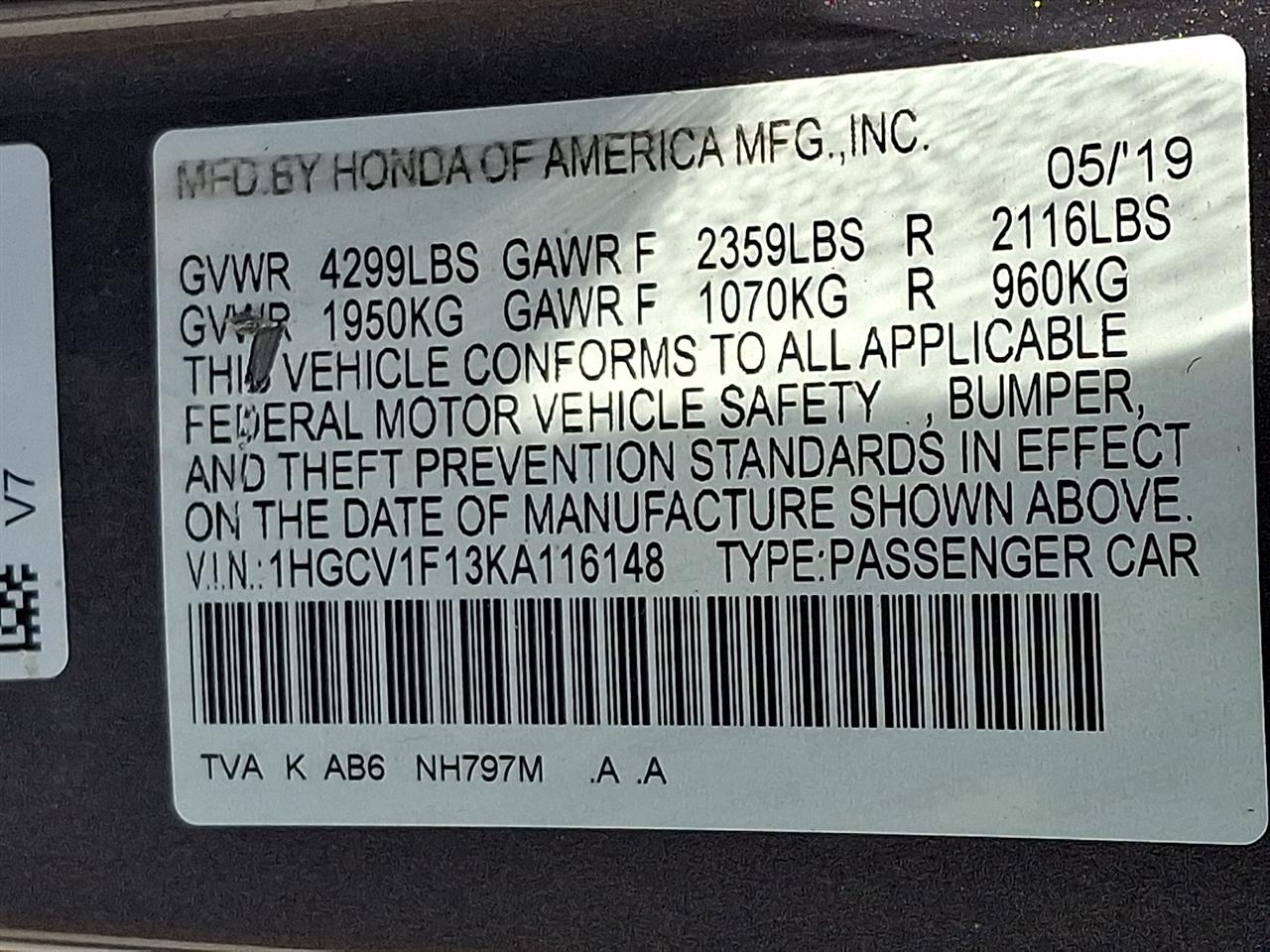 Honda Accord Sedan LX 1.5T CVT 2019