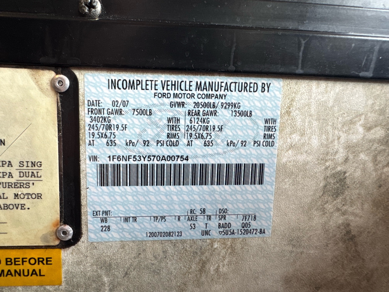 Ford Stripped Chassis Motorhome  2007