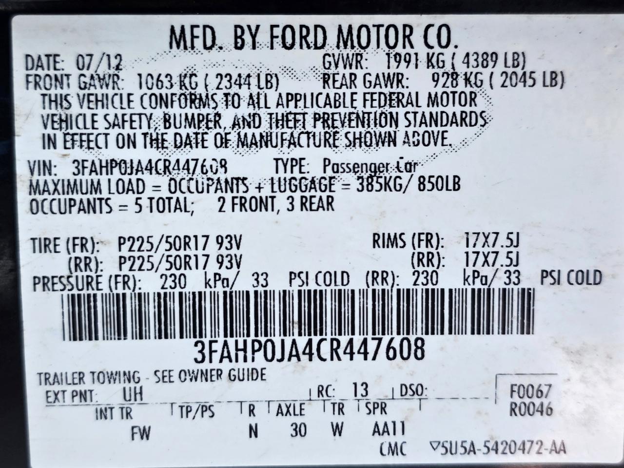 Ford Fusion 4dr Sdn SEL FWD 2012
