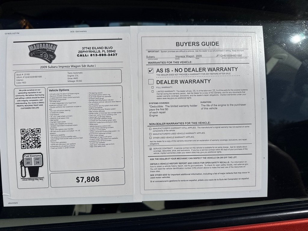 Subaru Impreza Wagon 5dr Auto i 2009