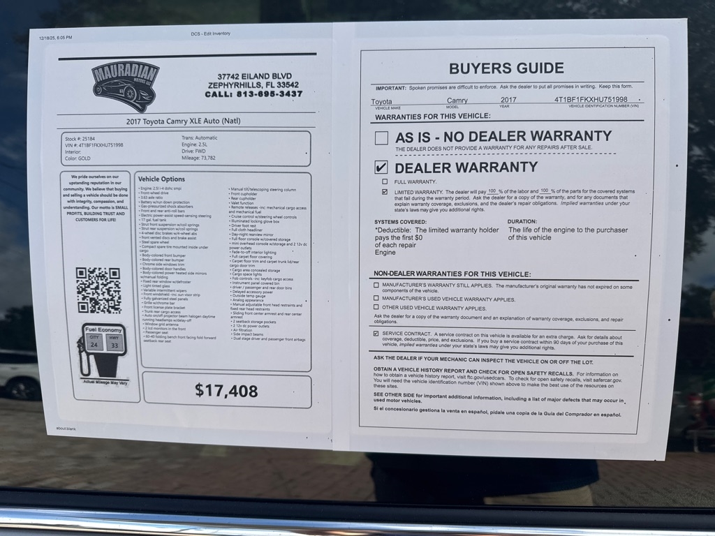 Toyota Camry XLE Auto (Natl) 2017
