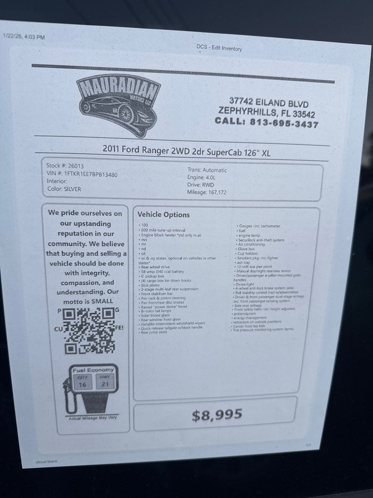 Ford Ranger 2WD 2dr SuperCab 126" Sport 2011