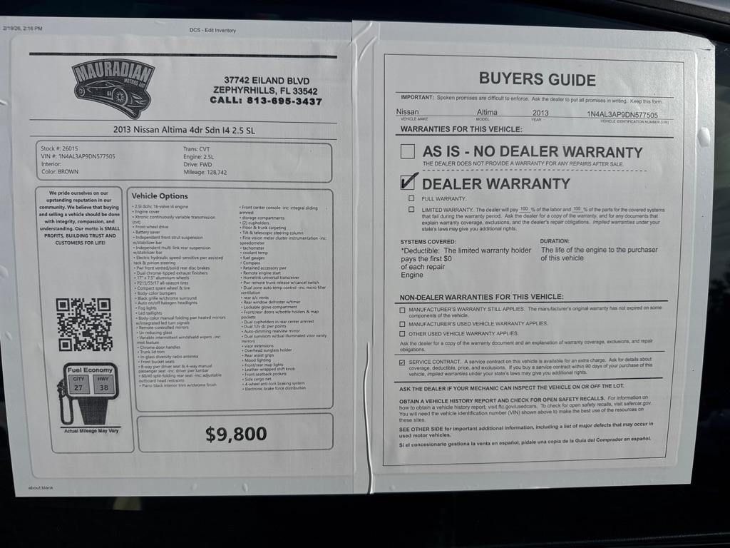 Nissan Altima 4dr Sdn I4 2.5 SL 2013