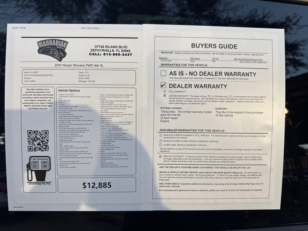 Nissan Murano FWD 4dr SL 2015