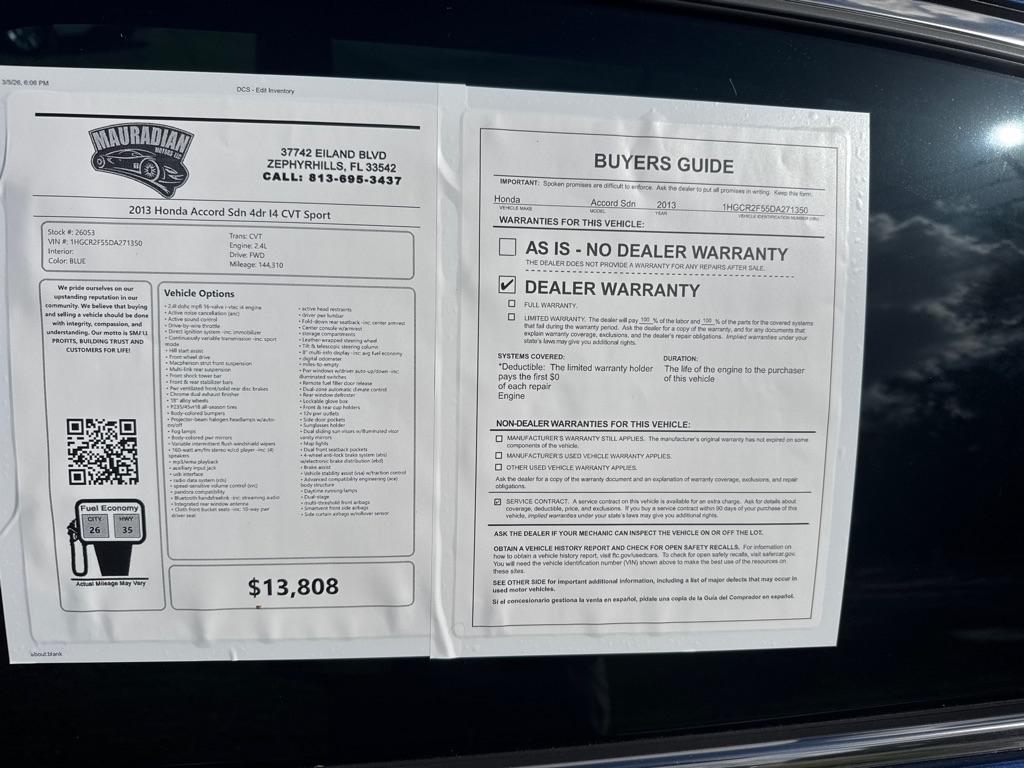 Honda Accord Sdn 4dr I4 CVT Sport 2013